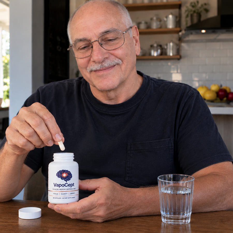 Gary taking his VapoCept capsule with water